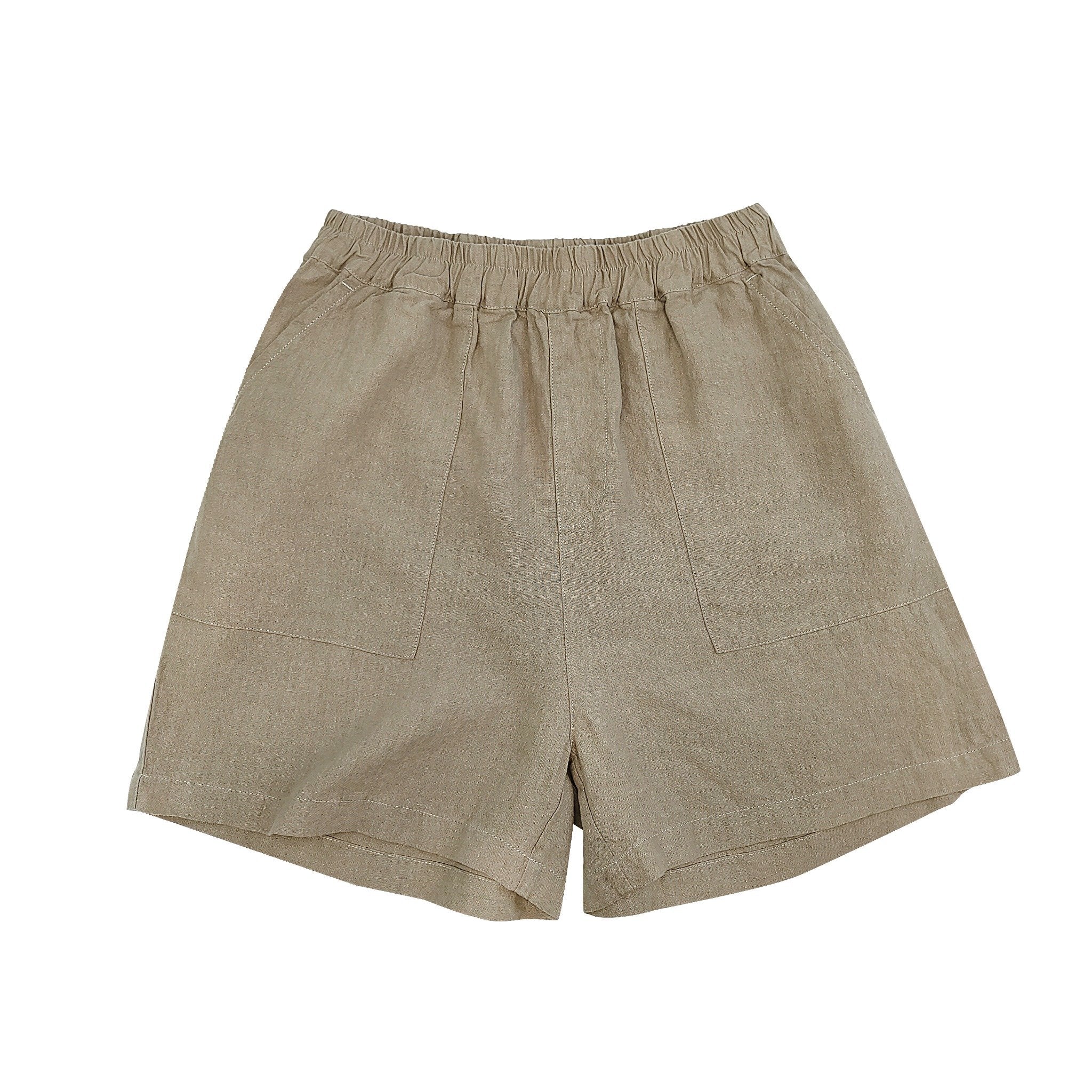 Women’s brown cotton-linen shorts with wide front pockets and elastic waistband